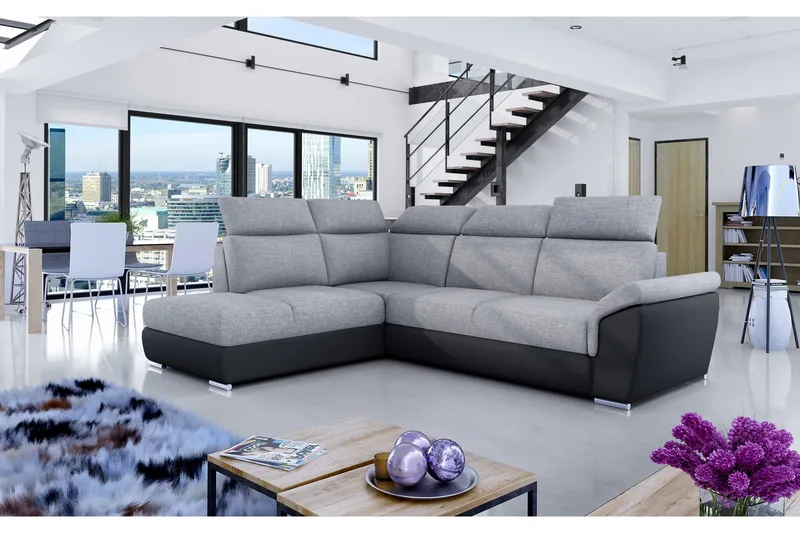 Coroniella Vänstervänd Hörnbäddsoffa 125x190 cm med Förvaring i Tyg och Läder, Grå|Svart