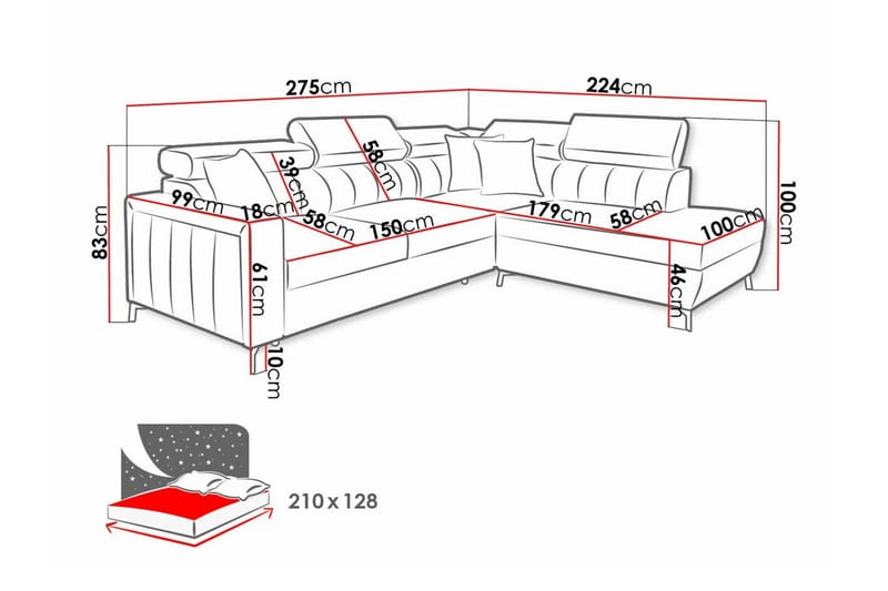 Galbally 3-sits Hörnbäddsoffa NO_BRAND Light pink - Möbler - Soffa - Bäddsoffa - Hörnbäddsoffa