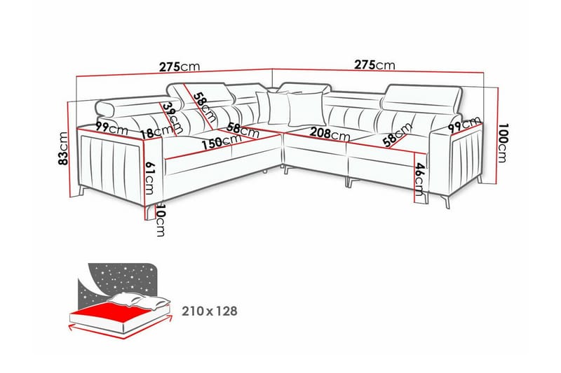 Galbally 4-sits Hörnbäddsoffa NO_BRAND Pink - Möbler - Soffa - Bäddsoffa - Hörnbäddsoffa