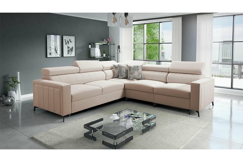 Galbally 4-sits Längsbäddad Bäddsoffa 128x210 cm med Förvaring i Sammet - Beige - Möbler - Soffa - Bäddsoffa - Hörnbäddsoffa