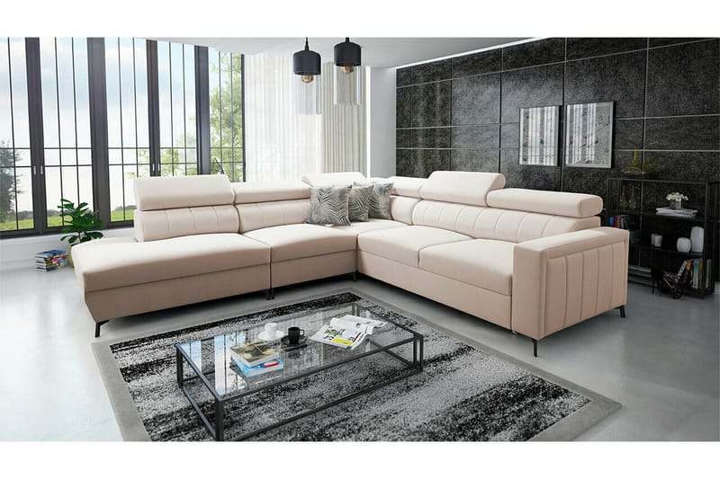 Galbally 4-sits Vänster Hörnbäddsoffa 128x210 cm med Förvaring i Sammet - Beige - Möbler - Soffa - Bäddsoffa - Bäddsoffa längsbäddad