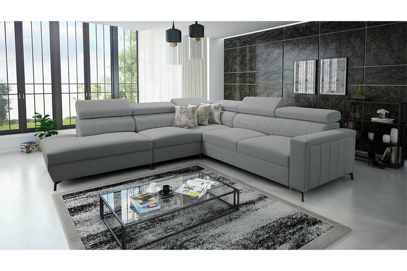 Galbally 4-sits Vänster Hörnbäddsoffa 128x210 cm med Förvaring i Sammet - Grå - Möbler - Soffa - Bäddsoffa - Bäddsoffa längsbäddad