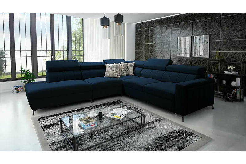 Galbally 4-sits Vänstervänd Hörnbäddsoffa 128x210 cm med Förvaring i Sammet - Blå - Möbler - Soffa - Bäddsoffa - Bäddsoffa längsbäddad