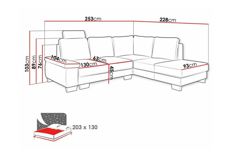 Graystone 3-sits Höger L-formad Hörnbäddsoffa 130x203 cm med Förvaring i Tyg - Grå - Möbler - Soffa - Bäddsoffa - Bäddsoffa längsbäddad