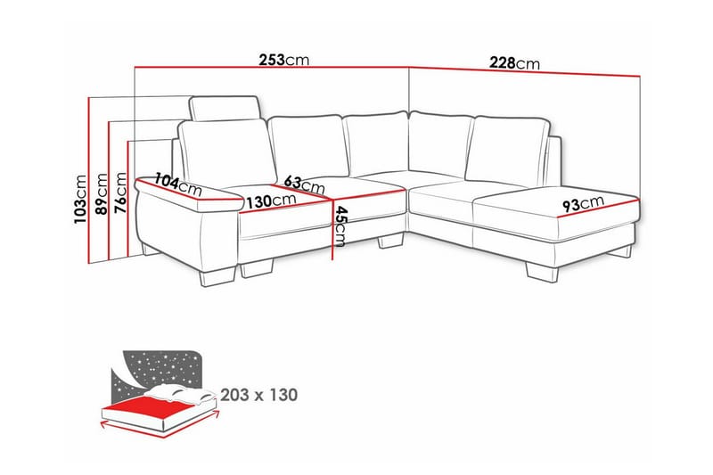 Graystone 3-sits Vänster Hörnbäddsoffa 130x203 cm med Förvaring i Tyg - Grå - Möbler - Soffa - Bäddsoffa - Bäddsoffa längsbäddad