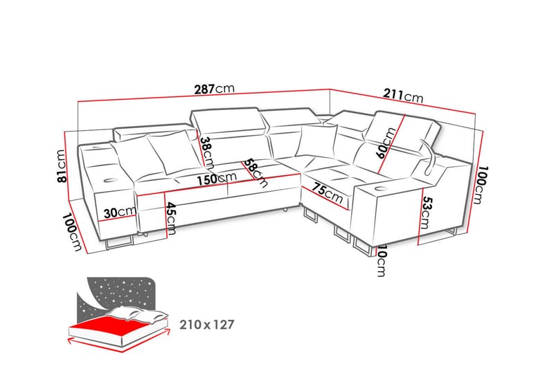 Hörnbäddsoffa Tamami 4-sits 210x127 - Svart - Möbler - Soffa - Bäddsoffa - Hörnbäddsoffa