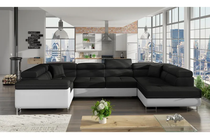 Hörnbäddsoffa Villatuerta, Svart|Vit