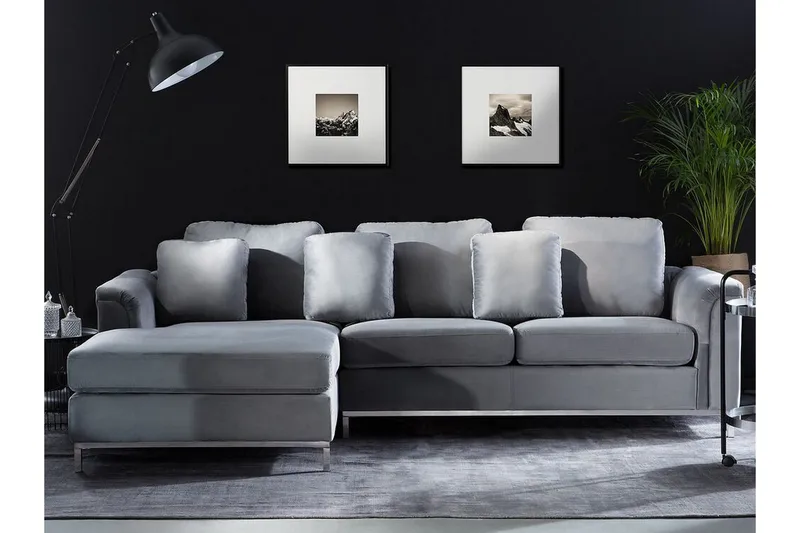 Hörnsoffa 4-sits H med sovfunktion sammet grå OSLO - Grå - Möbler - Soffa - Bäddsoffa - Hörnbäddsoffa