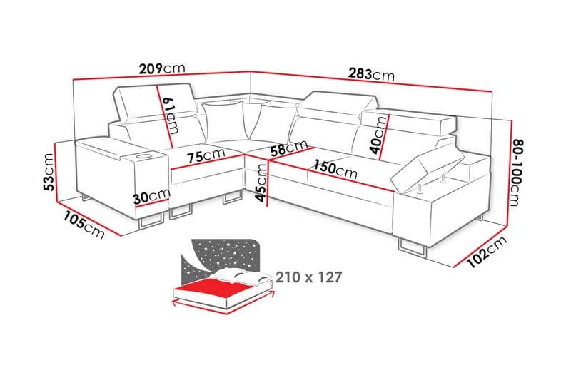Hörnsoffa Solvato - Grå/Röd/Vit - Möbler - Soffa - Bäddsoffa - Hörnbäddsoffa