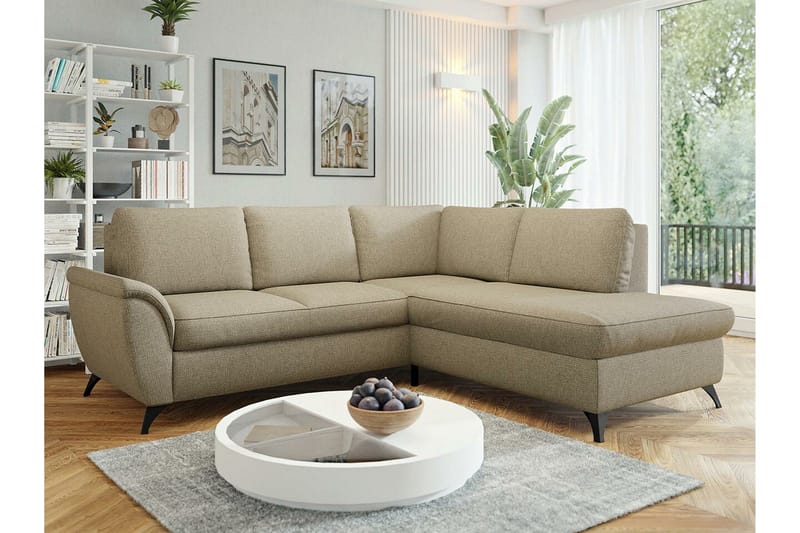Hereford 3-sits Höger Hörnbäddsoffa med Förvaring i Tyg - Beige - Möbler - Soffa - Bäddsoffa - Bäddsoffa längsbäddad