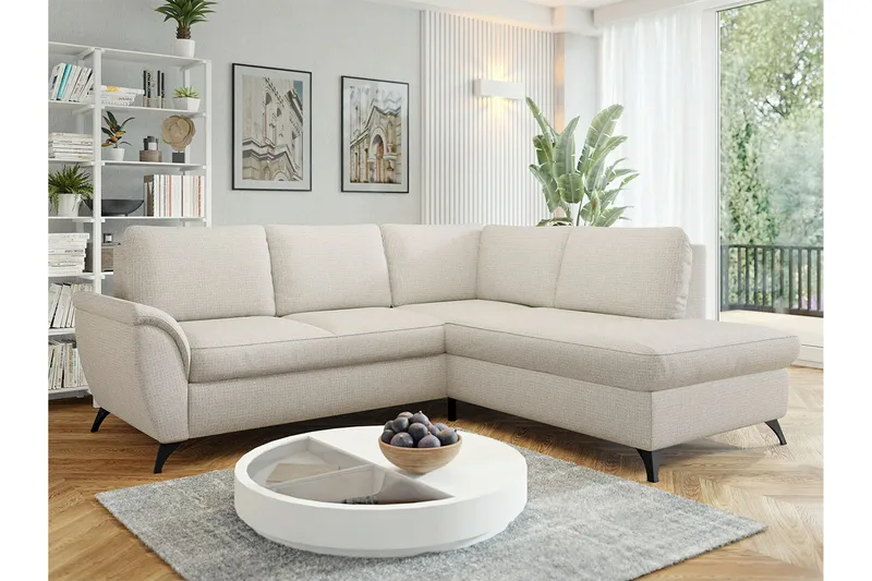 Hereford 3-sits Höger Hörnbäddsoffa med Förvaring i Tyg - Benvit - Möbler - Soffa - Bäddsoffa - Bäddsoffa längsbäddad
