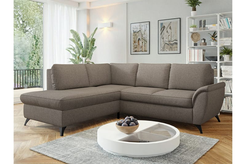 Hereford 3-sits Vänster Hörnbäddsoffa 126x185 cm med Förvaring i Tyg - Brun - Möbler - Soffa - Bäddsoffa - Bäddsoffa längsbäddad