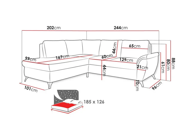 Hereford 3-sits Vänster Hörnbäddsoffa 126x185 cm med Förvaring i Tyg - Gräddvit - Möbler - Soffa - Bäddsoffa - Bäddsoffa längsbäddad