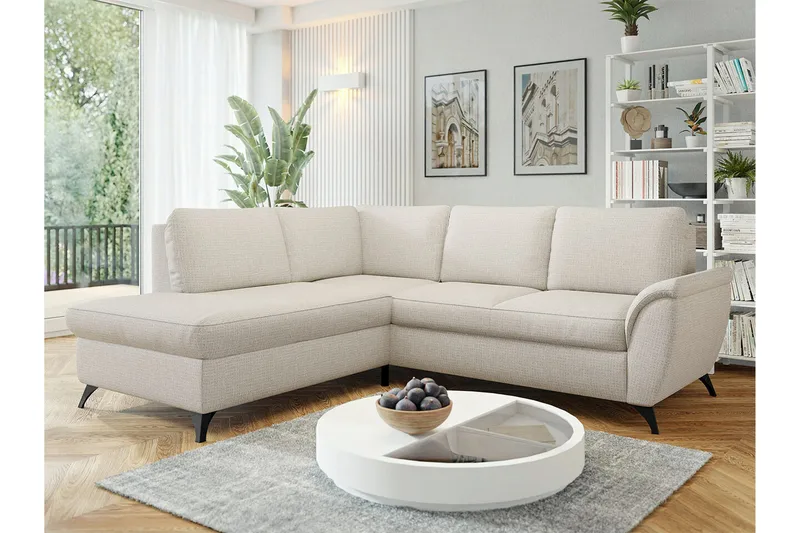 Hereford 3-sits Vänster Hörnbäddsoffa 126x185 cm med Förvaring i Tyg - Gräddvit - Möbler - Soffa - Bäddsoffa - Bäddsoffa längsbäddad