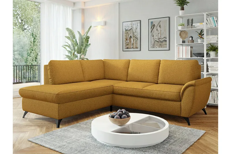 Hereford 3-sits Vänster Hörnbäddsoffa 126x185 cm med Förvaring i Tyg - Gul - Möbler - Soffa - Bäddsoffa - Bäddsoffa längsbäddad