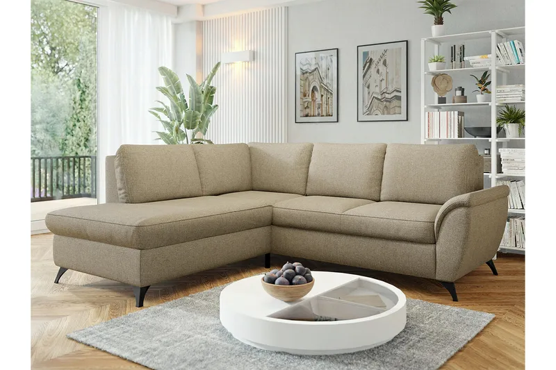 Hereford 3-sits Vänster Hörnbäddsoffa med Förvaring i Tyg - Beige - Möbler - Soffa - Bäddsoffa - Bäddsoffa längsbäddad