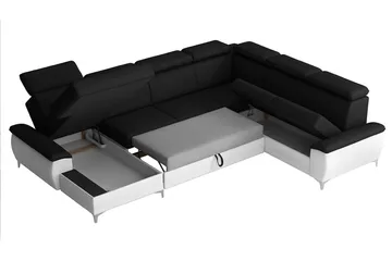 Karkula Höger Hörnbäddsoffa Bäddbar 128x275 cm med Förvaring i Tyg - Vit|Svart - Möbler - Soffa - Bäddsoffa - Hörnbäddsoffa