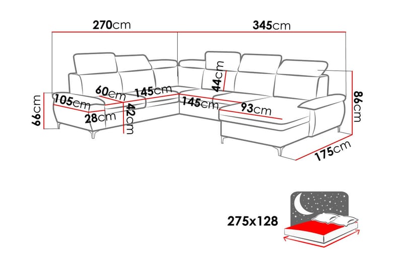 Karkula Höger Hörnbäddsoffa Bäddbar 128x275 cm med Förvaring i Tyg - Vit|Svart - Möbler - Soffa - Bäddsoffa - Hörnbäddsoffa