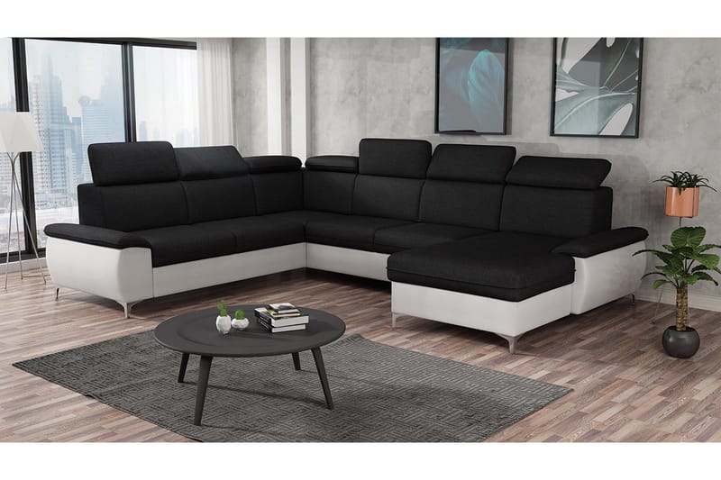Karkula Höger Hörnbäddsoffa Bäddbar 128x275 cm med Förvaring i Tyg - Vit|Svart - Möbler - Soffa - Bäddsoffa - Hörnbäddsoffa
