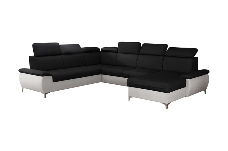 Karkula Höger Hörnbäddsoffa Bäddbar 128x275 cm med Förvaring i Tyg, Vit|Svart