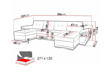 Listowel 4-sits U-formad Hörnbäddsoffa 130x271 cm med Förvaring i Tyg - Antracit - Möbler - Soffa - Bäddsoffa - Bäddsoffa divan