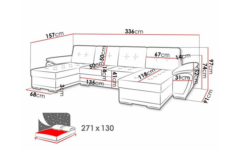 Listowel 4-sits U-formad Hörnbäddsoffa 130x271 cm med Förvaring - Mullvadsbrun - Möbler - Soffa - Bäddsoffa - Bäddsoffa divan