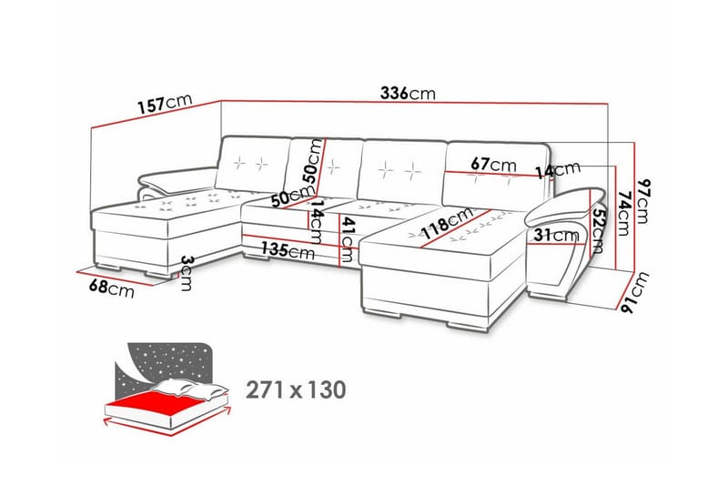 Listowel 4-sits U-formad Hörnbäddsoffa i Tyg med Konstläderunderrede - Mörkgrå - Möbler - Soffa - Bäddsoffa - Bäddsoffa divan
