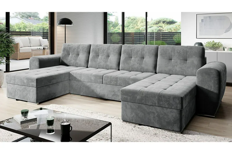 Listowel 4-sits U-formad Hörnbäddsoffa med Förvaring i Sammet - Grå - Möbler - Soffa - Bäddsoffa - Bäddsoffa divan