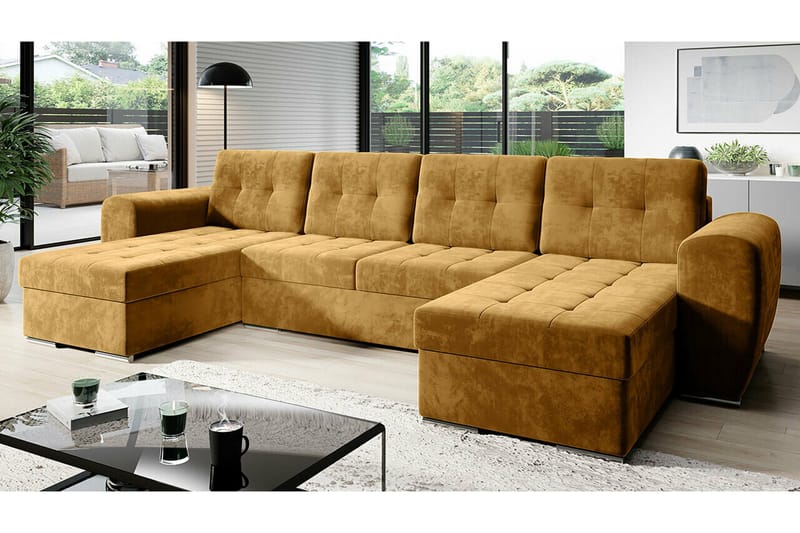 Listowel 4-sits U-formad Hörnbäddsoffa med Förvaring i Sammet - Gul - Möbler - Soffa - Bäddsoffa - Bäddsoffa divan