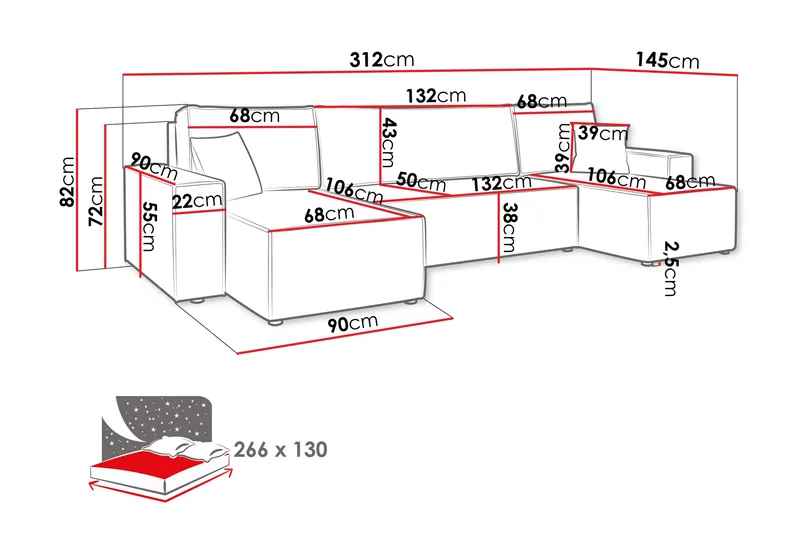 Magston 4-sits Hörnbäddsoffa 130x266 cm med Förvaring i Manchestertyg - Grå - Möbler - Soffa - Bäddsoffa - Bäddsoffa divan