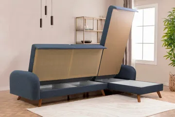 Malkiat 3-sits Höger L-formad Hörnbäddsoffa i Tyg med Träben - Blå - Möbler - Soffa - Bäddsoffa - Bäddsoffa divan