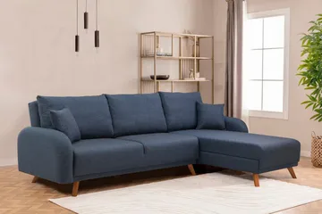 Malkiat 3-sits Höger L-formad Hörnbäddsoffa i Tyg med Träben - Blå - Möbler - Soffa - Bäddsoffa - Bäddsoffa divan