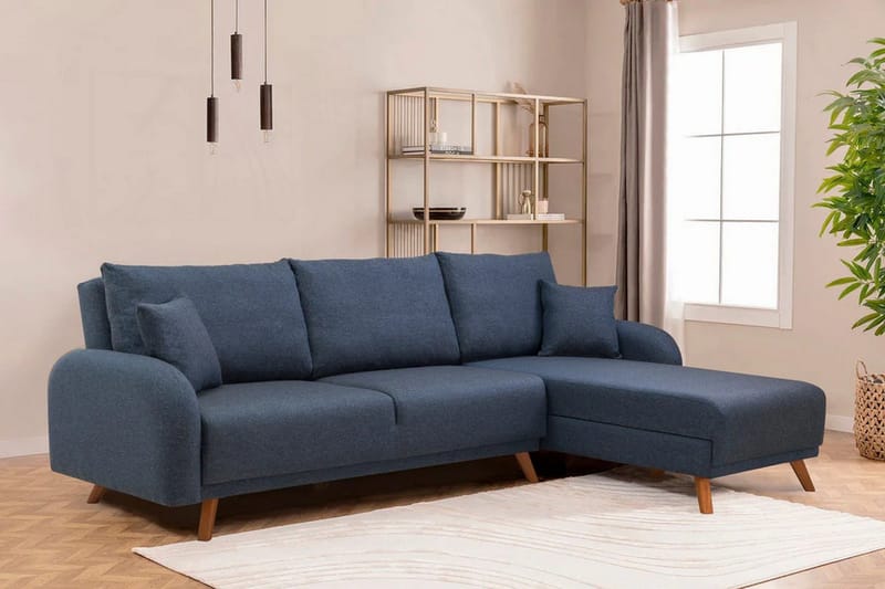 Malkiat 3-sits Höger L-formad Hörnbäddsoffa i Tyg med Träben - Blå - Möbler - Soffa - Bäddsoffa - Bäddsoffa divan
