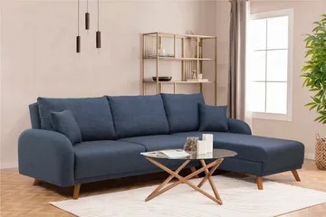 Malkiat 3-sits Höger L-formad Hörnbäddsoffa i Tyg med Träben - Blå - Möbler - Soffa - Bäddsoffa - Bäddsoffa divan