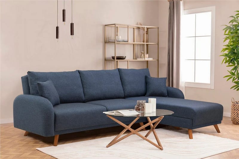 Malkiat 3-sits Höger L-formad Hörnbäddsoffa i Tyg med Träben - Blå - Möbler - Soffa - Bäddsoffa - Bäddsoffa divan