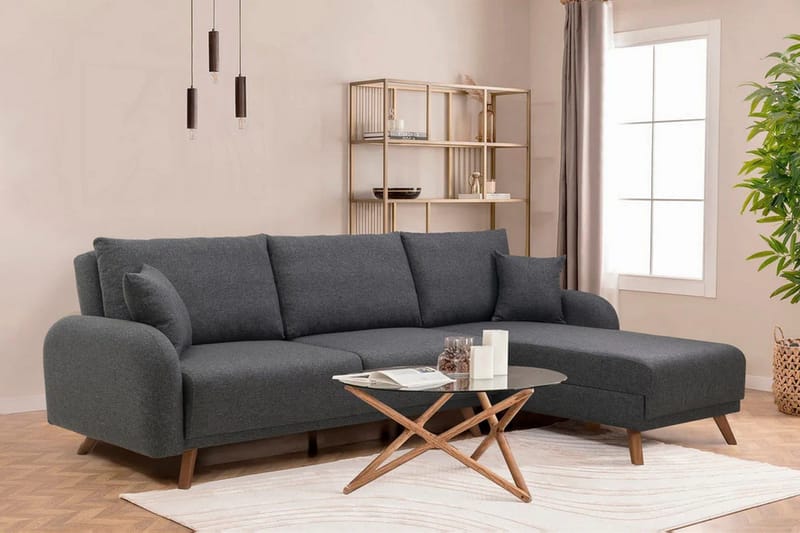 Malkiat 4-sits Höger Hörnbäddsoffa Bäddbar 125x260 cm med Förvaring i Tyg - Grå - Möbler - Soffa - Bäddsoffa - Bäddsoffa divan