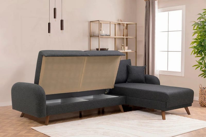 Malkiat 4-sits Höger Hörnbäddsoffa Bäddbar 125x260 cm med Förvaring i Tyg - Grå - Möbler - Soffa - Bäddsoffa - Bäddsoffa divan