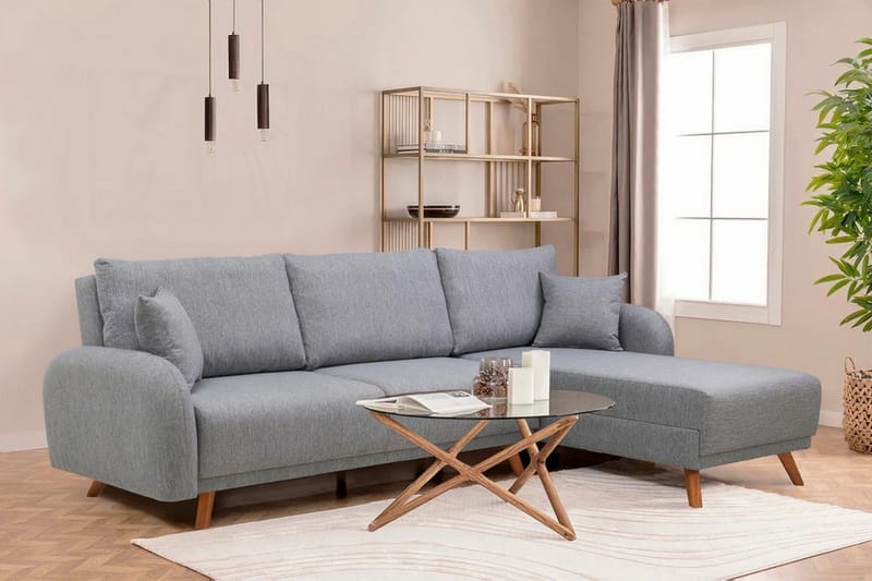 Malkiat 4-sits Höger L-formad Hörnbäddsoffa 125x260 cm med Förvaring i Tyg - Grå - Möbler - Soffa - Bäddsoffa - Bäddsoffa divan
