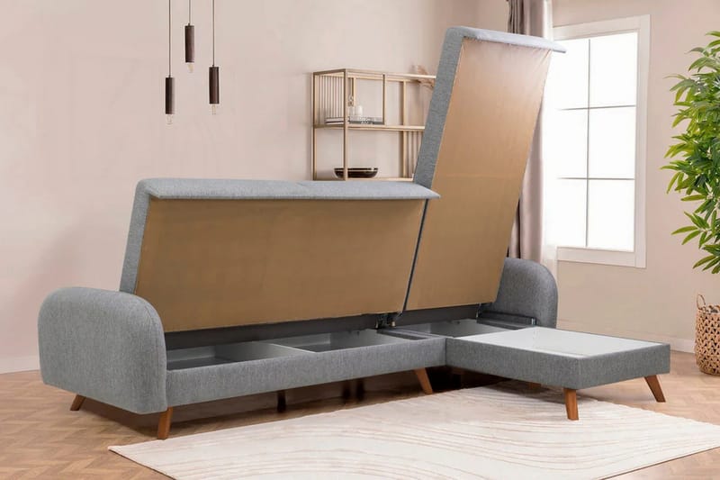 Malkiat 4-sits Höger L-formad Hörnbäddsoffa 125x260 cm med Förvaring i Tyg - Grå - Möbler - Soffa - Bäddsoffa - Bäddsoffa divan