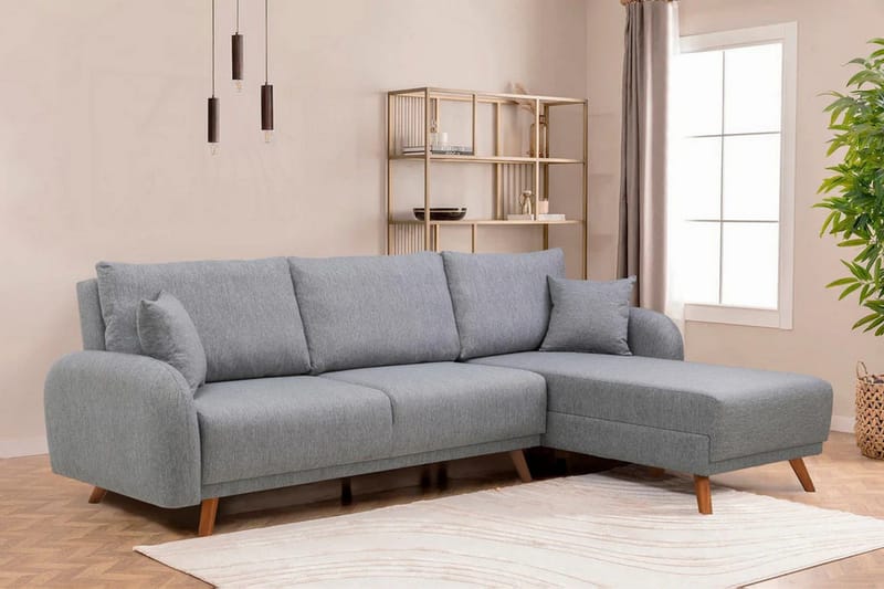 Malkiat 4-sits Höger L-formad Hörnbäddsoffa 125x260 cm med Förvaring i Tyg - Grå - Möbler - Soffa - Bäddsoffa - Bäddsoffa divan
