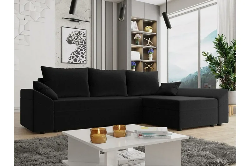 Midfeld 3-sits Hörnbäddsoffa NO_BRAND Black - Möbler - Soffa - Bäddsoffa - Hörnbäddsoffa