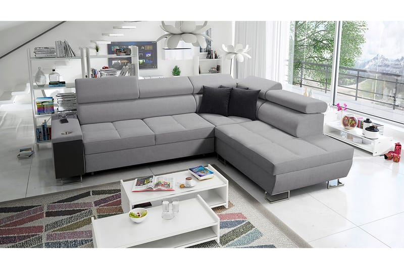 Morenia Högervänd Bäddsoffa 127x210 cm med Förvaring i Tyg - Grå - Möbler - Soffa - Bäddsoffa - Bäddsoffa längsbäddad