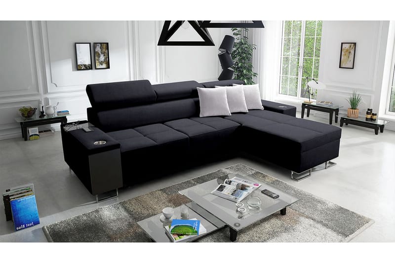 Morenia Längsbäddad L-Hörnbäddsoffa 4-sits med Förvaring i Sammet Höger - Svart - Möbler - Soffa - Bäddsoffa - Bäddsoffa divan