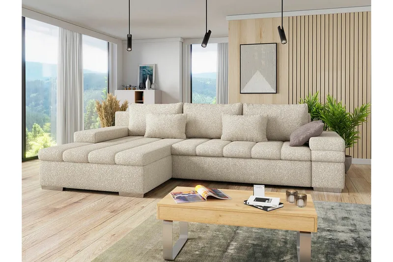 Naoma 3-sits Vänster L-formad Bäddsoffa med Schäslong i Bouclé - Beige - Möbler - Soffa - Bäddsoffa - Bäddsoffa divan