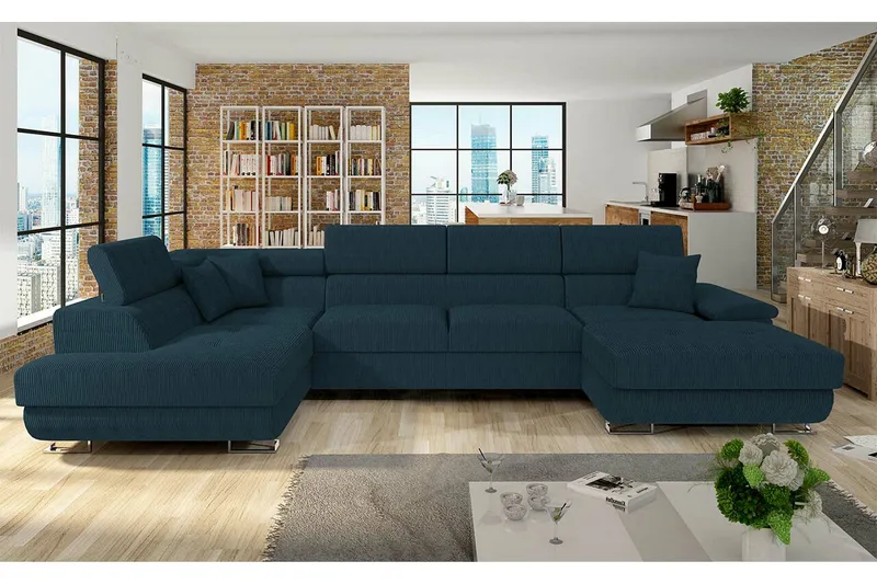 Reginia 4-sits Hörnbäddsoffa 125x270 cm med Förvaring i Manchestertyg - Blå - Möbler - Soffa - Bäddsoffa - Bäddsoffa divan