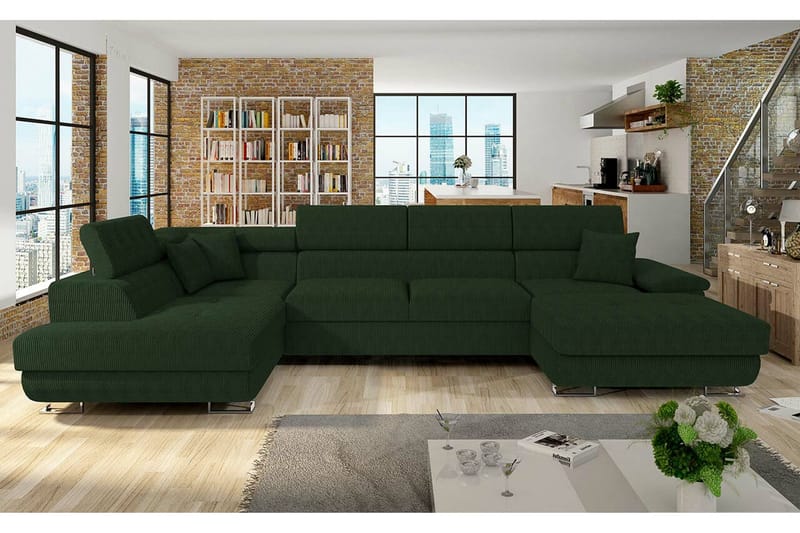 Reginia 4-sits Hörnbäddsoffa 125x270 cm med Förvaring i Manchestertyg - Flaskgrön - Möbler - Soffa - Bäddsoffa - Bäddsoffa divan