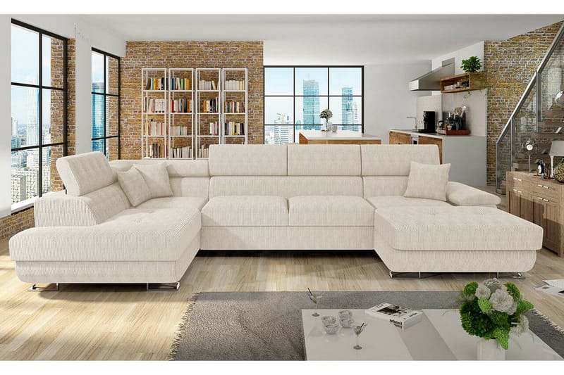 Reginia 4-sits Hörnbäddsoffa 125x270 cm med Förvaring i Manchestertyg - Gräddvit - Möbler - Soffa - Bäddsoffa - Bäddsoffa divan