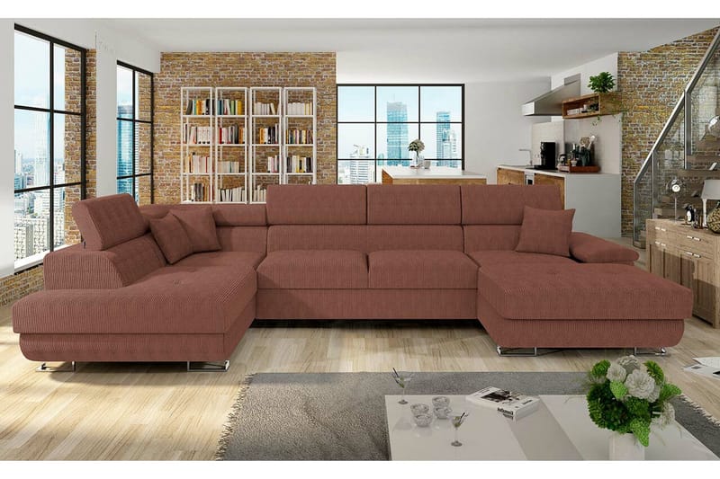 Reginia 4-sits Hörnbäddsoffa 125x270 cm med Förvaring i Manchestertyg - Terrakotta - Möbler - Soffa - Bäddsoffa - Bäddsoffa divan