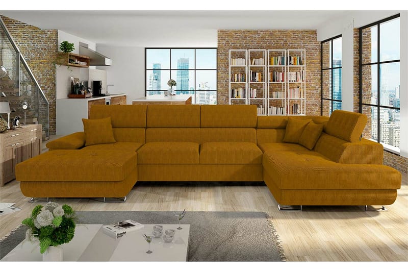 Reginia 4-sits U-formad Bäddsoffa 125x270 cm med Förvaring i Manchestertyg - Gul - Möbler - Soffa - Bäddsoffa - Bäddsoffa divan