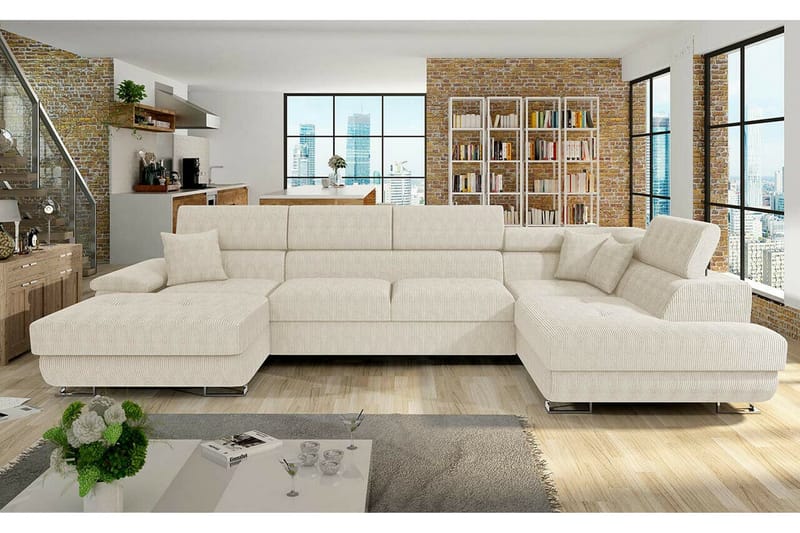Reginia 4-sits U-formad Hörnbäddsoffa med Förvaring i Tyg - Krämvit - Möbler - Soffa - Bäddsoffa - Bäddsoffa divan